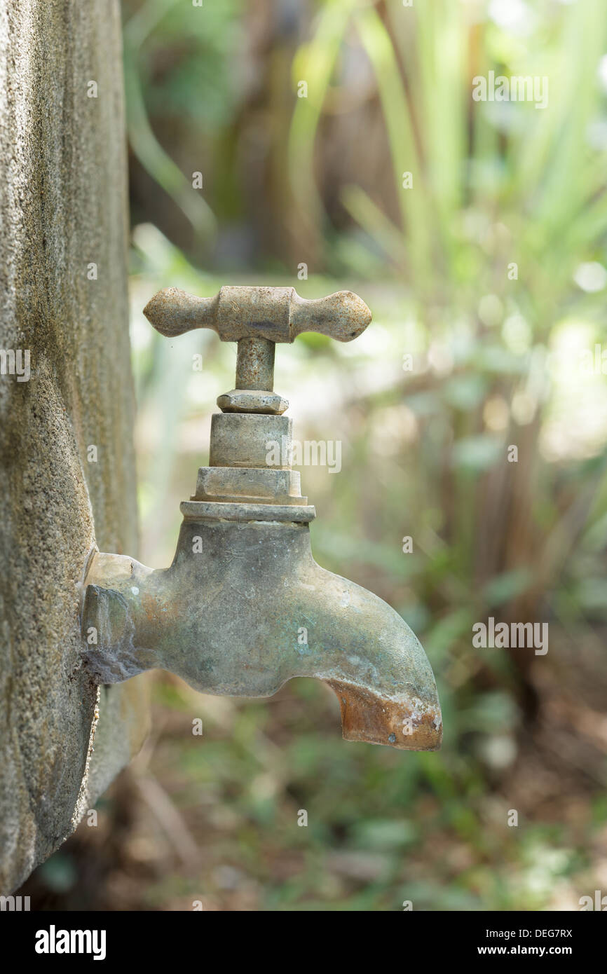 Vecchio arrugginito rubinetto di acqua in giardino. Foto Stock