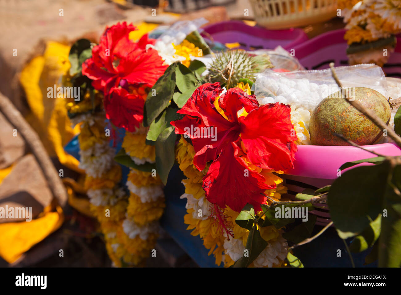 Close-up di religiosi che offre in vendita al tempio Bhimashankar di Pune, Maharashtra, India Foto Stock