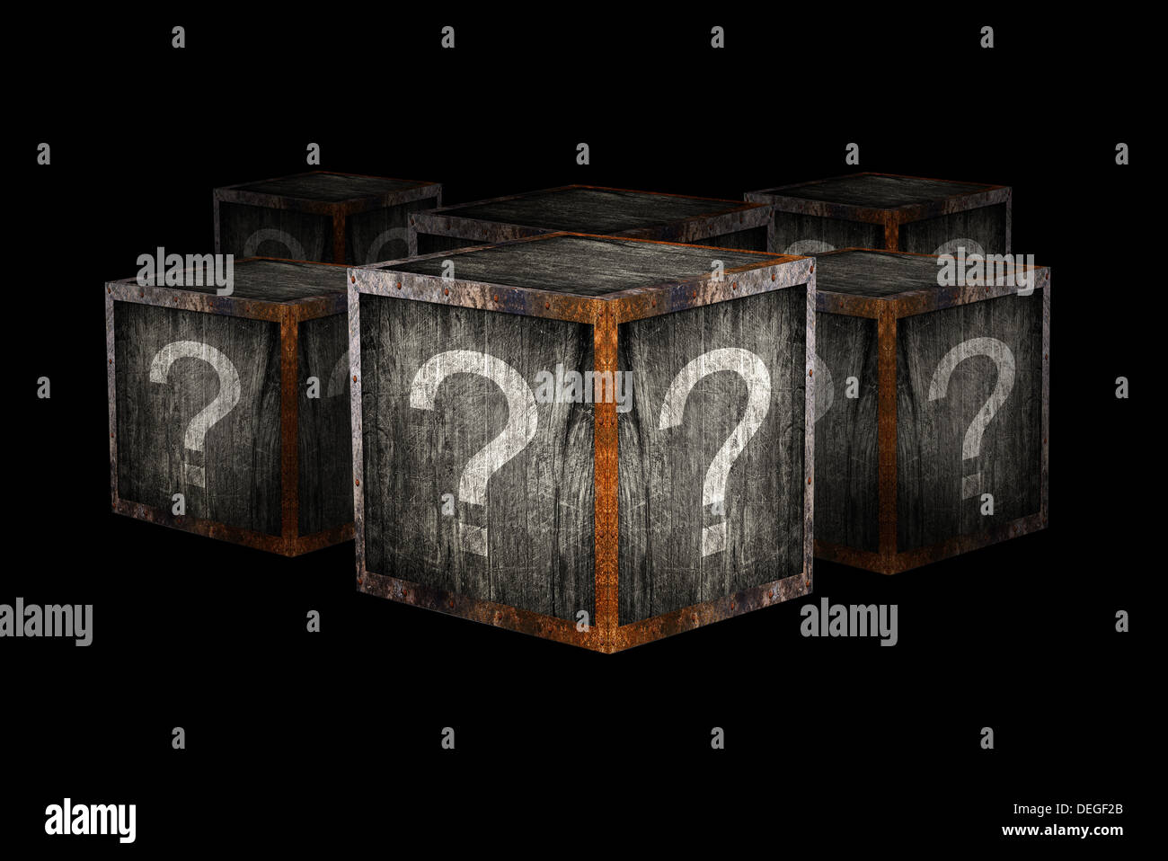 Mistero di scatole con un punto interrogativo Foto Stock