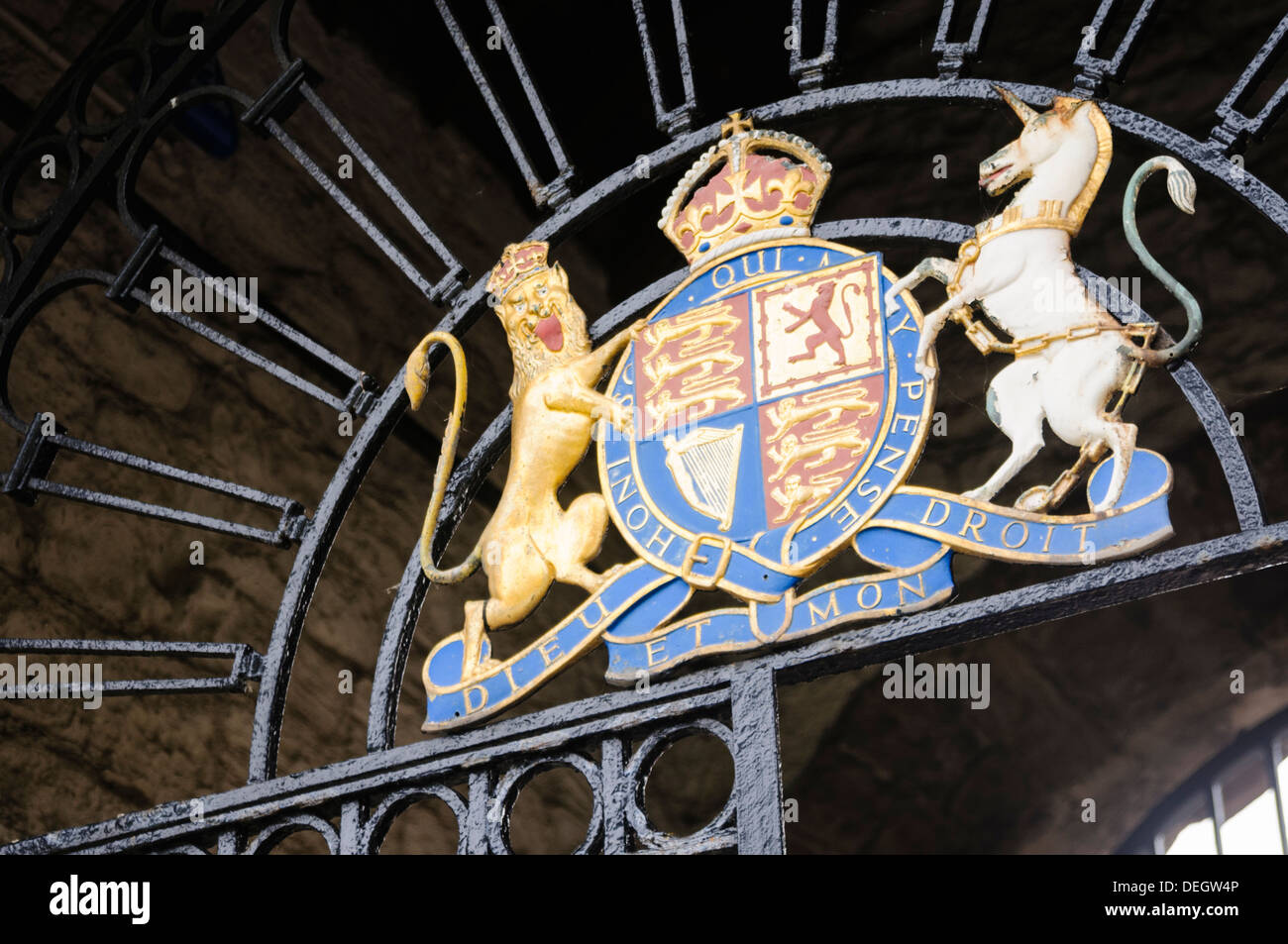 Stemma di HM Regina su un cancello di ferro Foto Stock