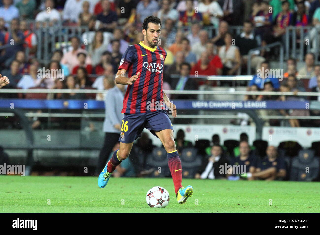 Barcellona, Spagna. 18 Settembre, 2013. UEFA Champions League Giornata 1 Gruppo H picture show Sergio Busquets in azione durante la partita tra FC Barcelona contro AFC Ajax al Camp Nou Credit: Azione Plus immagini di sport/Alamy Live News Foto Stock