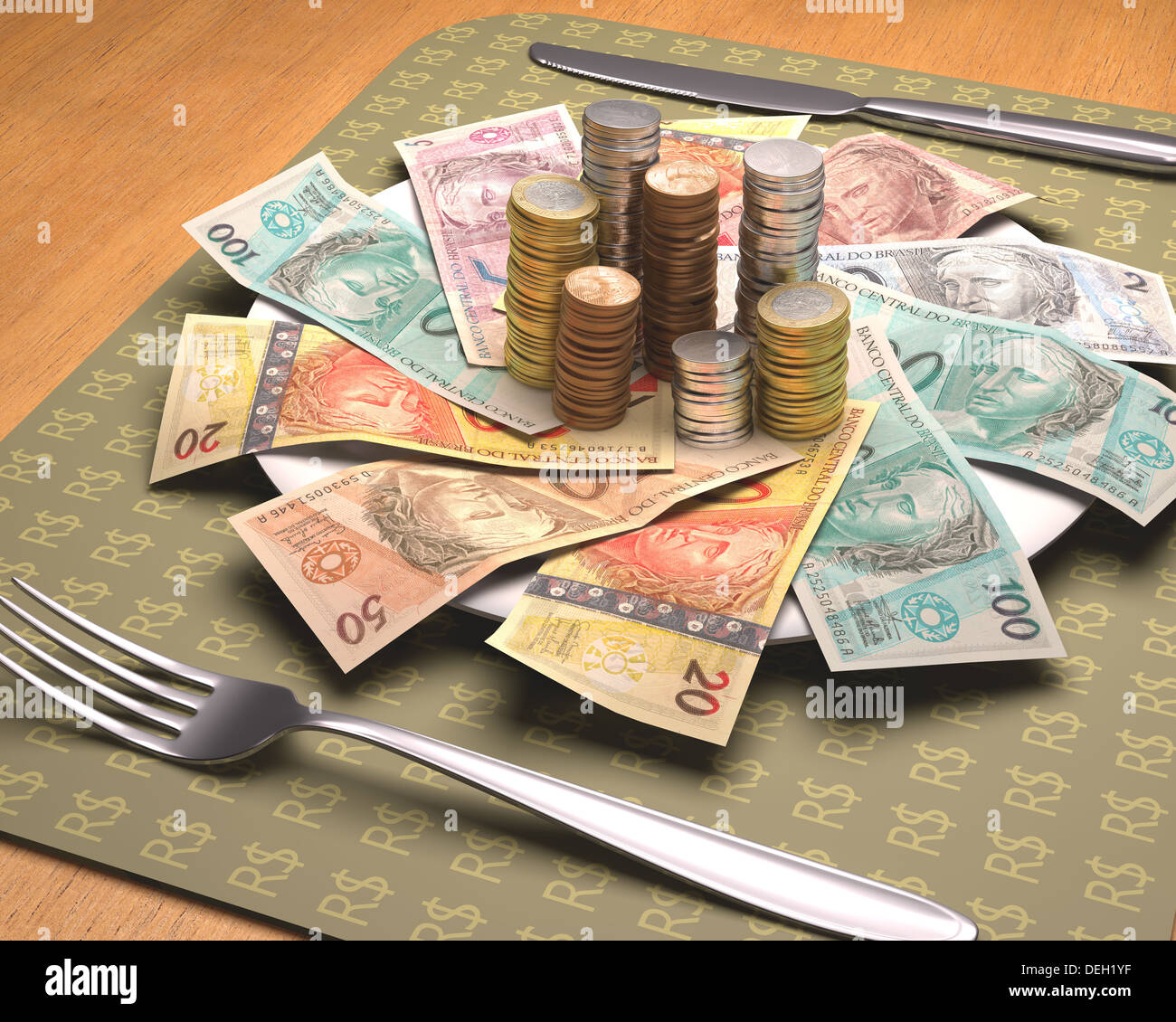 Ora di Cena con denaro brasiliano sulla piastra. Foto Stock