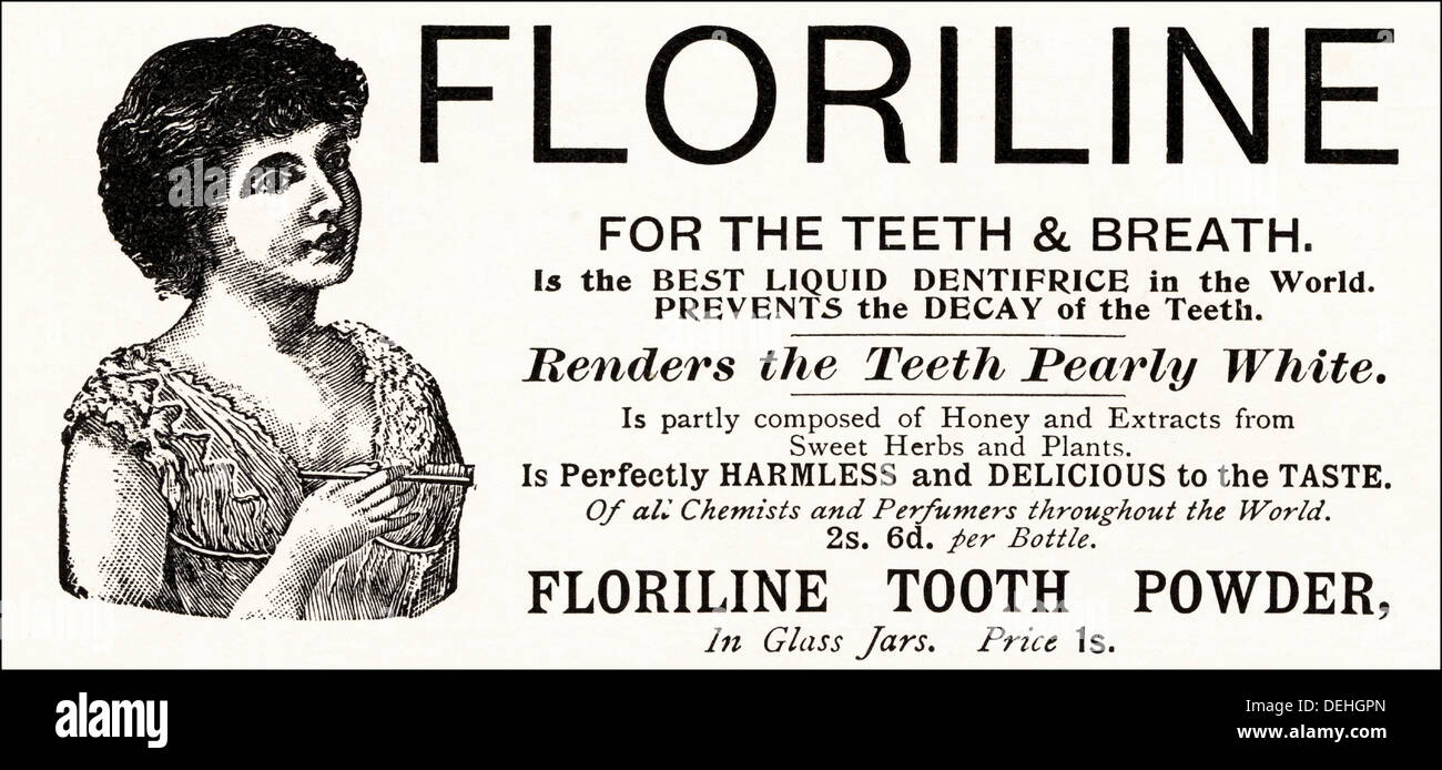 Originale di 1890s vintage vittoriano pubblicità pubblicità FLORILINE polvere dentale, annuncio circa 1898 Foto Stock