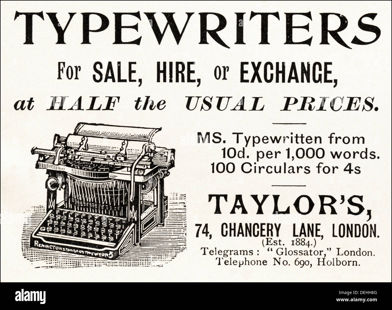Originale di 1890s vintage vittoriano pubblicità pubblicità TAYLOR MACCHINE DA SCRIVERE, annuncio circa 1898 Foto Stock