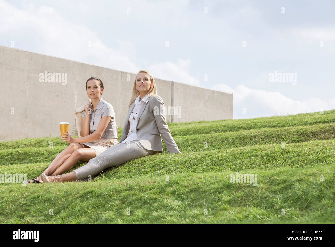 A piena lunghezza rilassata imprenditrici formali seduti sulle fasi di erba contro sky Foto Stock