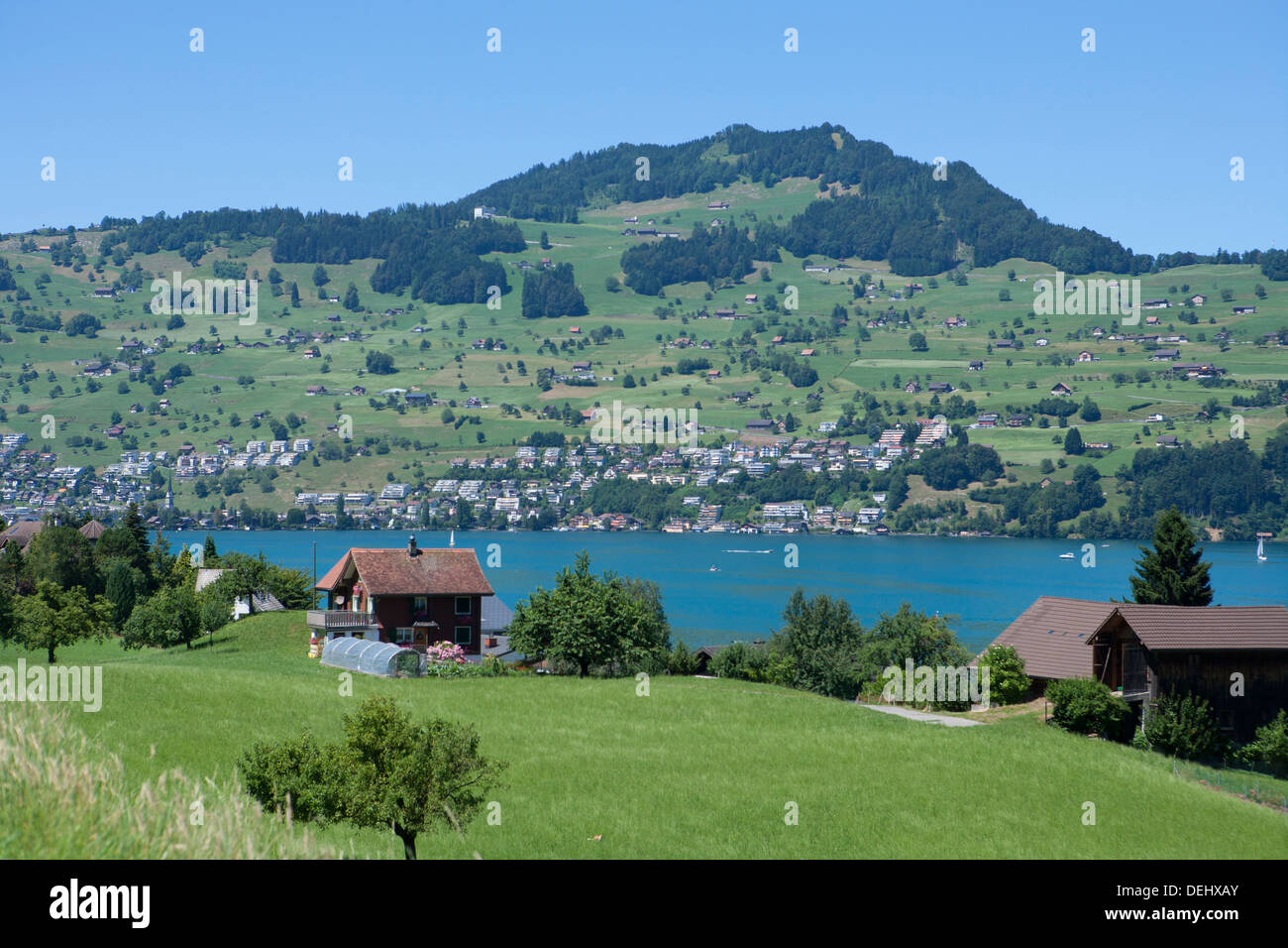 Tipici cottage svizzero da un lago Foto Stock