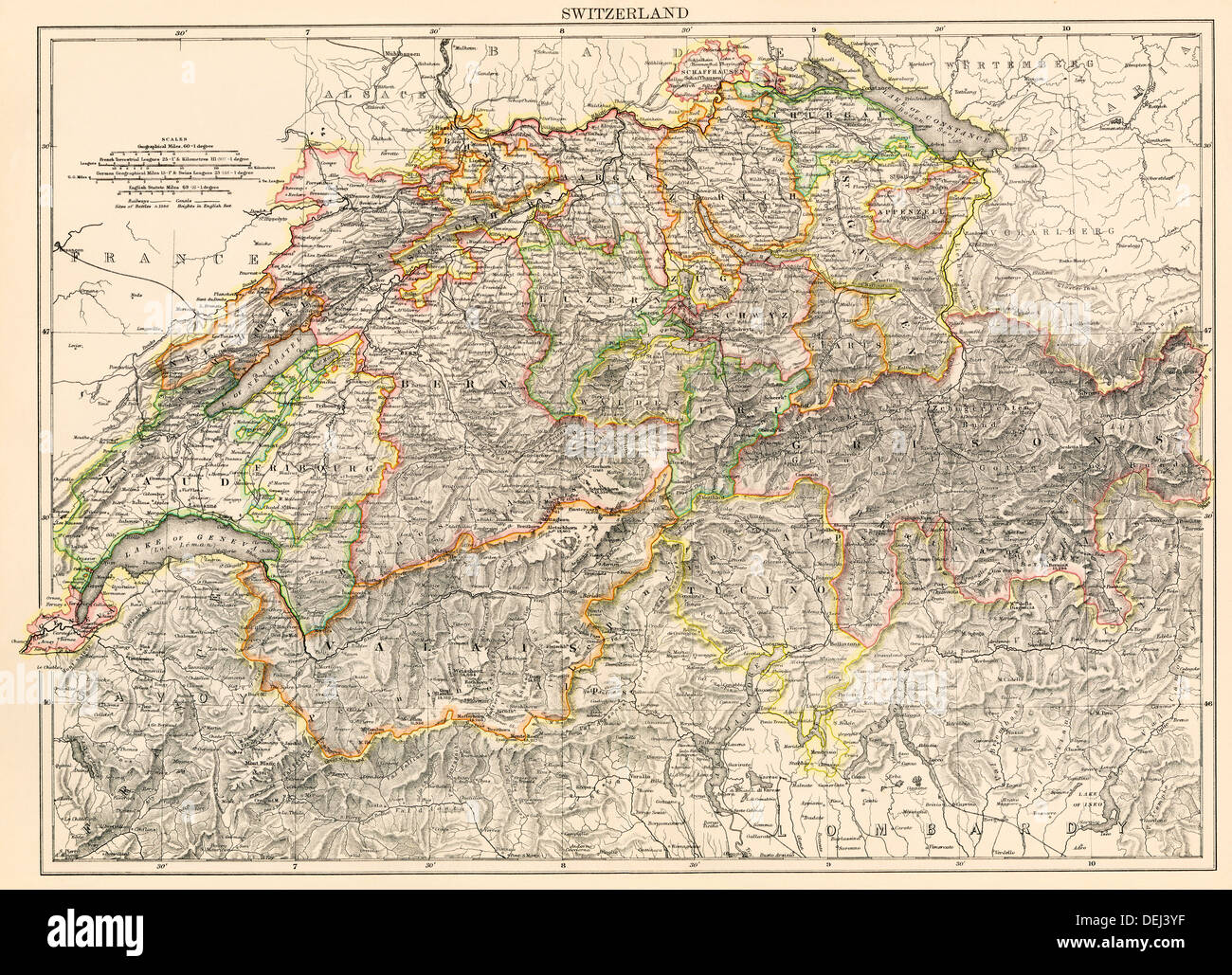 Mappa di Svizzera, 1870s. Litografia a colori Foto Stock
