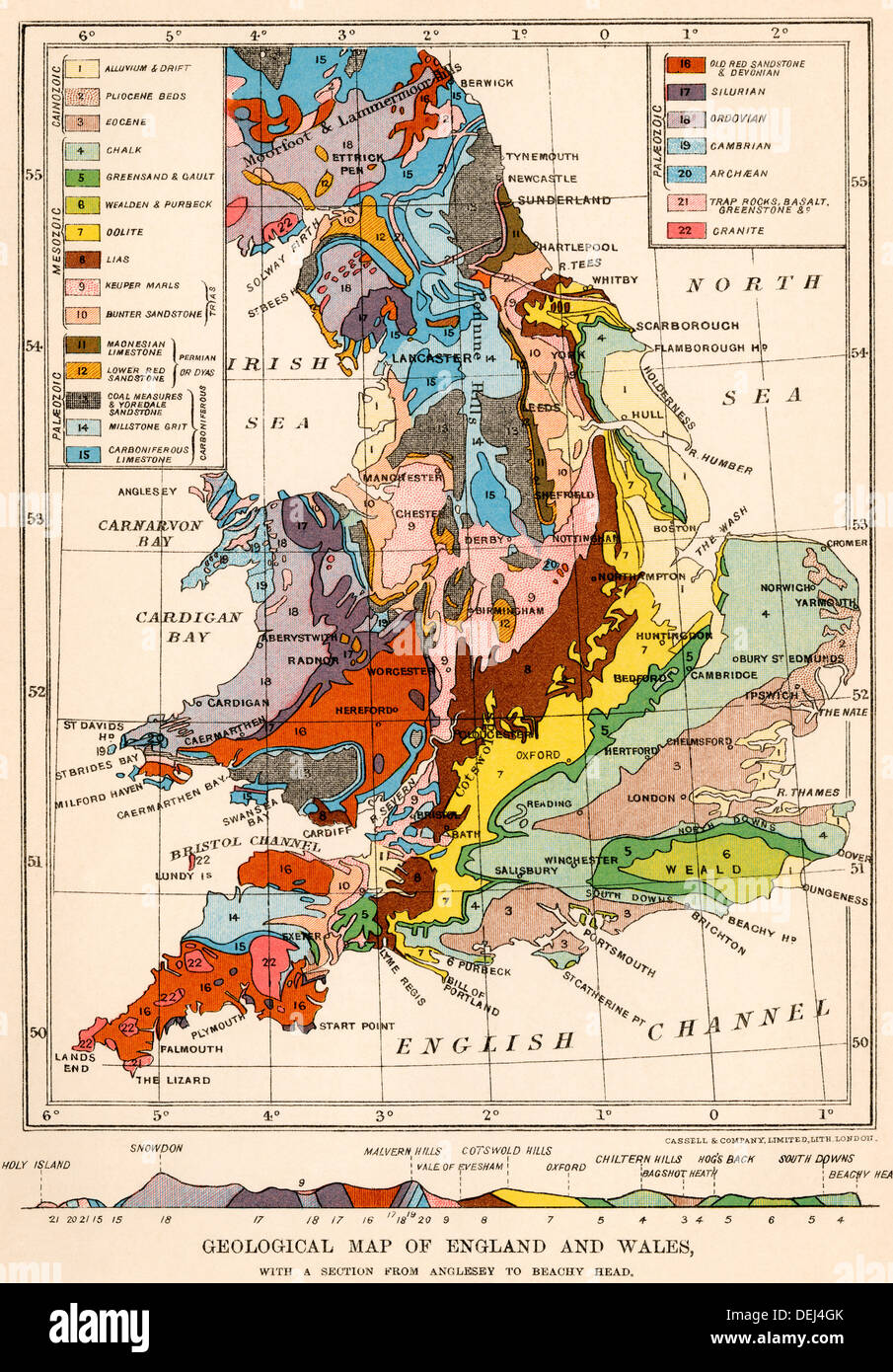 Mappa geologica di Inghilterra e Galles. Litografia a colori Foto Stock