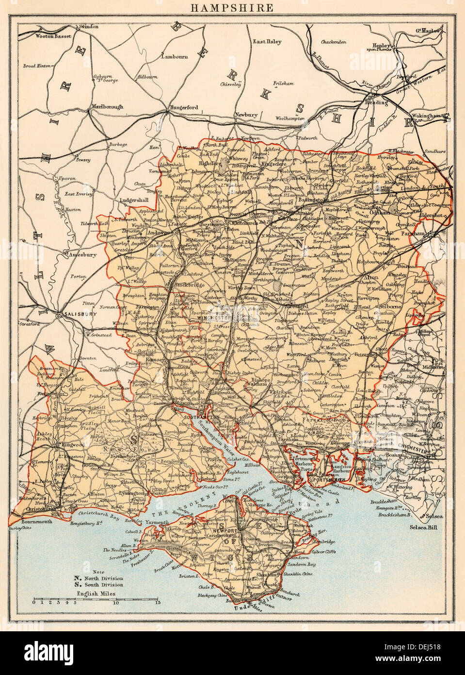 Mappa di Hampshire, Inghilterra, 1870s. Litografia a colori Foto Stock