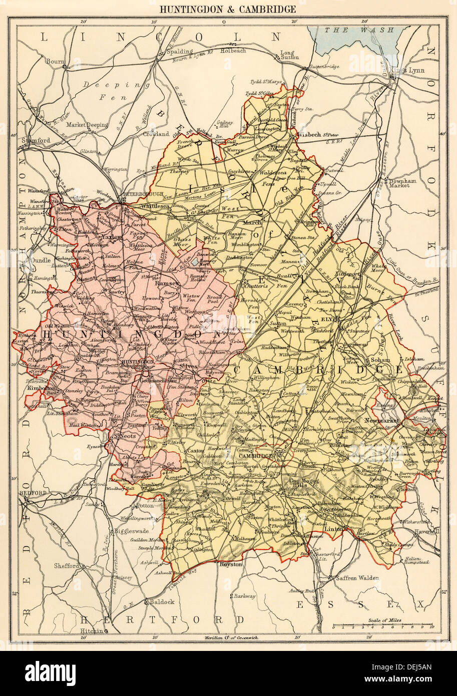 Mappa di Huntingdonshire e a Cambridgeshire, Inghilterra, 1870s. Litografia a colori Foto Stock