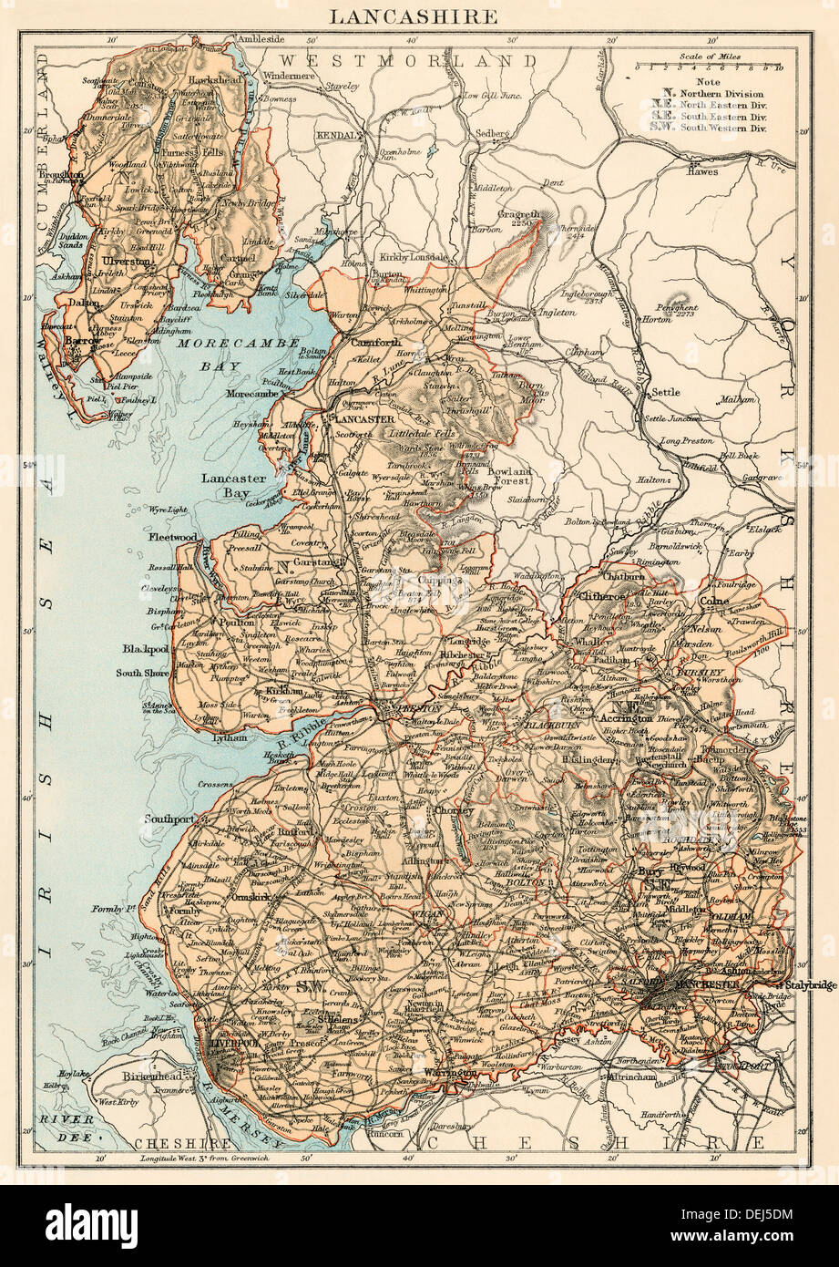 Mappa di Lancashire, Inghilterra, 1870s. Litografia a colori Foto Stock