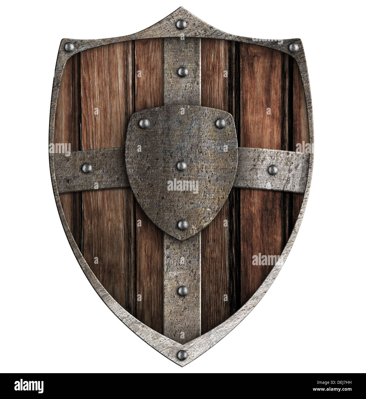 Scudo in legno isolato su bianco Foto Stock