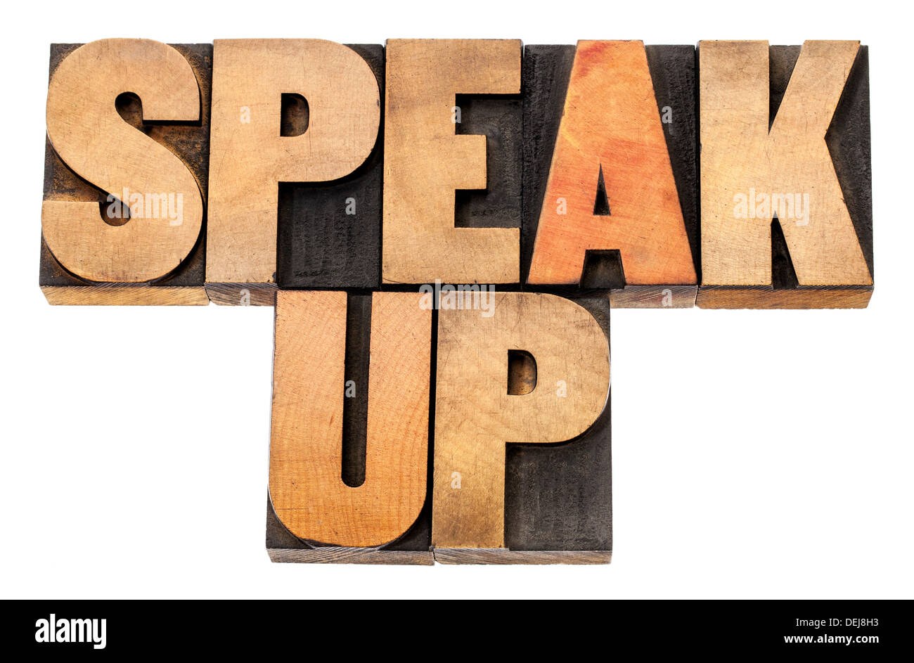 Speak up - motivazione concetto - testo isolato in rilievografia tipo legno Foto Stock