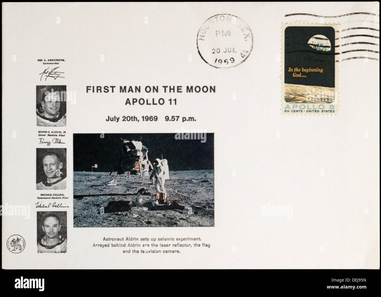 American coperchio commemorativa per il primo uomo sulla luna, con timbro postale a Houston. Foto Stock