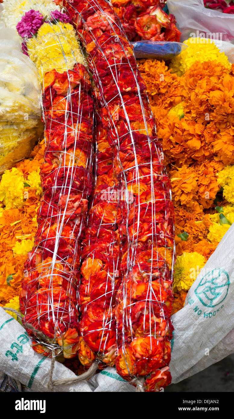 Indiano ghirlanda di fiori e di calendula fiori per la realizzazione di festoni in vendita su un indiano street . Andhra Pradesh, India Foto Stock