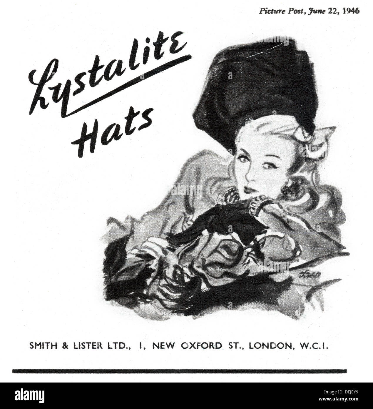 Annuncio per Lystalite cappelli nel 1946 nel Regno Unito Foto Stock