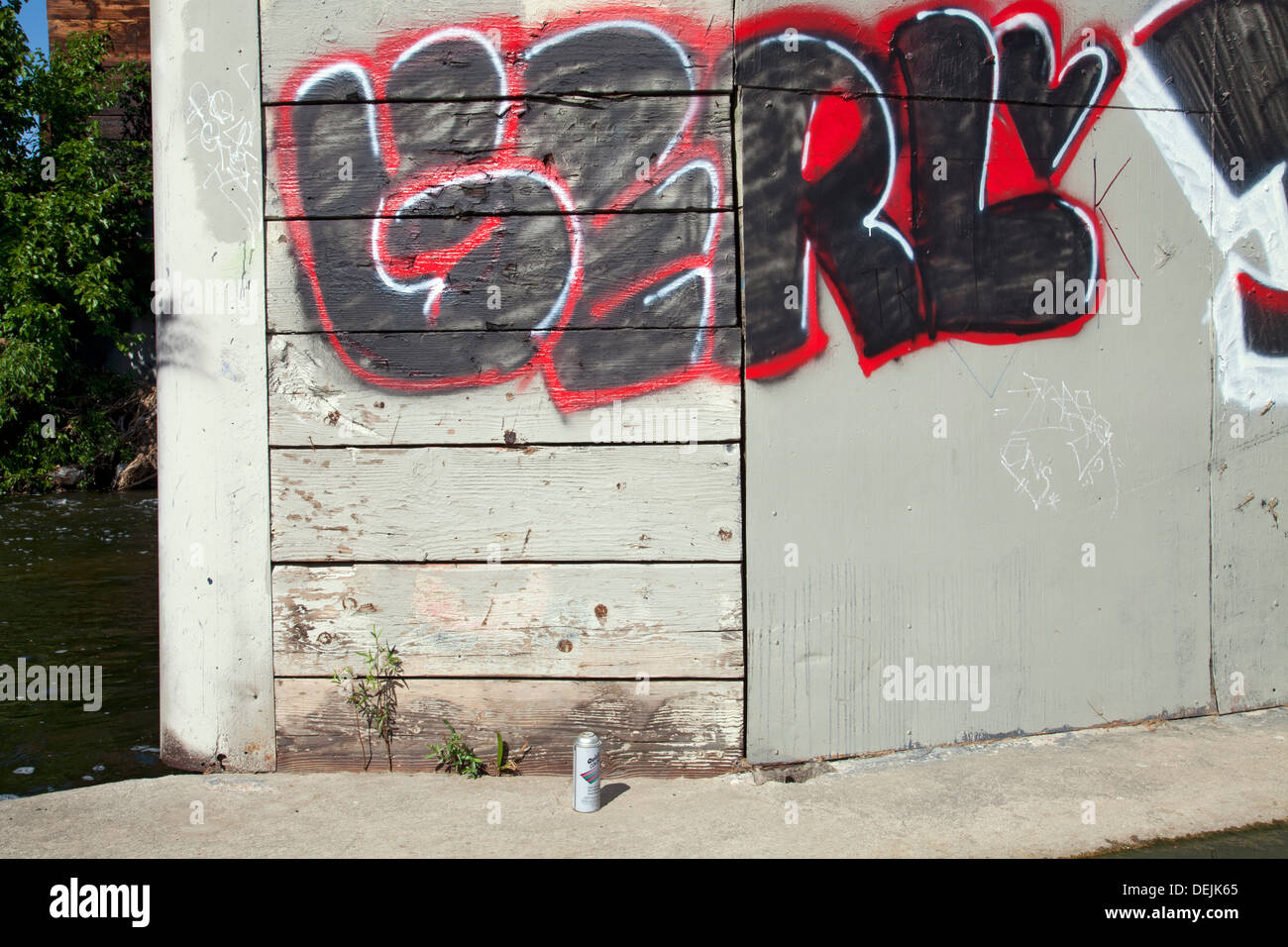 Barattolo di vernice spray e graffiti sotto un ponte pedonale lungo il Glendale si restringe, Los Anglees River, California Foto Stock