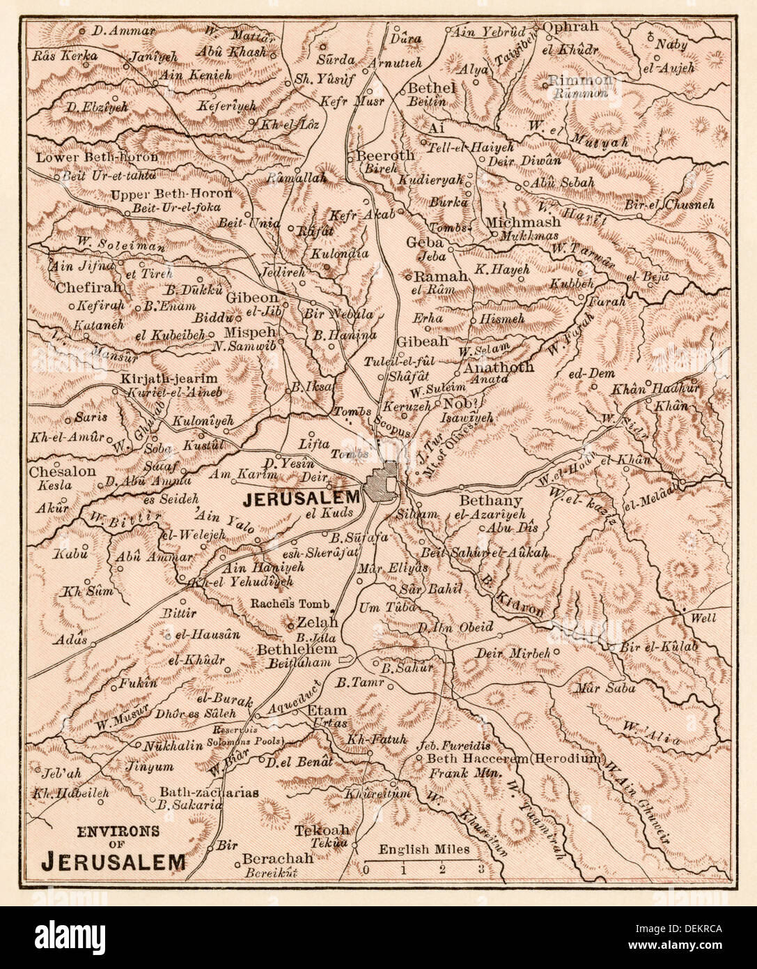 Mappa dei dintorni di Gerusalemme, 1870s. Litografia a colori Foto Stock