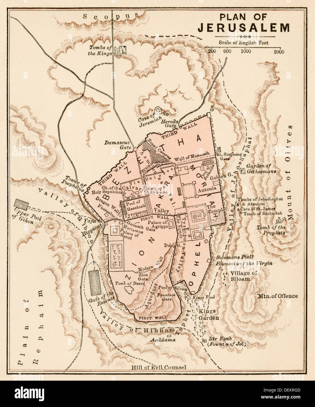 Mappa della città di Gerusalemme, 1870s. Litografia a colori Foto Stock