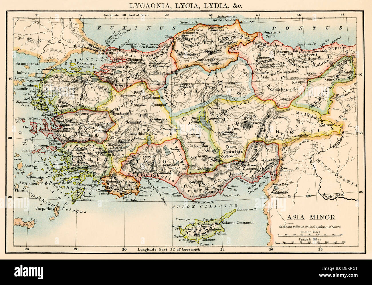 Mappa delle antiche regioni dell Asia Minore. Litografia a colori Foto Stock