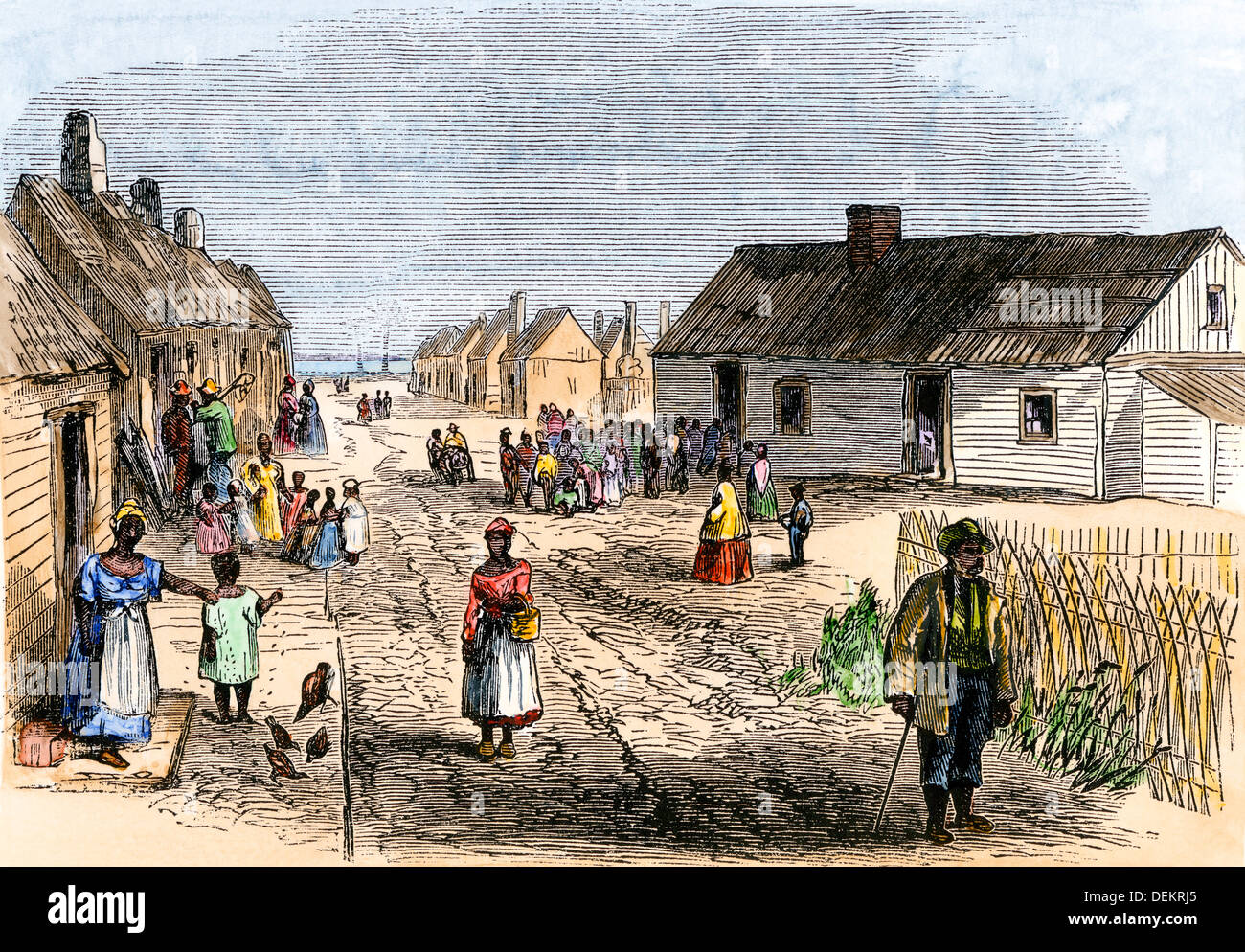 Schoolhouse e cappella di schiavi liberati a Trento fiume insediamento, North Carolina, 1866. Colorate a mano la xilografia Foto Stock