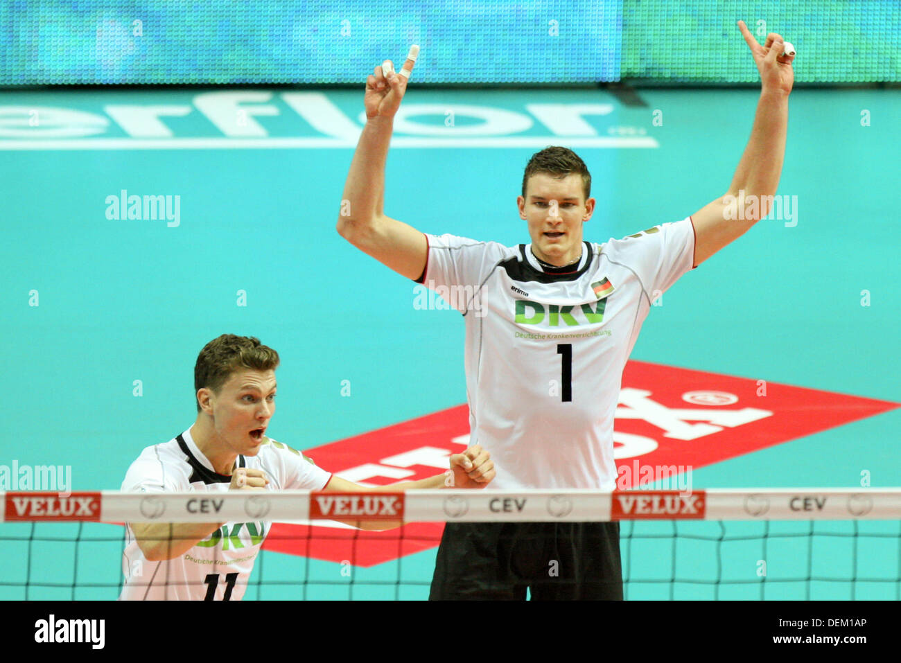 Sett. 20, 2013 - 20.09.2013, Gdynia, siatkowka, pallavolo, Mistrzostwa Europy w pilce siatkowej 2013, Eurovolley 2013, Rosja - Niemcy, Russia - Germania, Lukas Immanuel Kampa, Christian Fromm (GER), radosc, UFT. Tomasz Jastrzebowski / Foto Olimpik Foto Stock