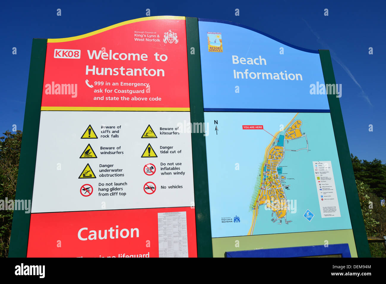 Informazioni sulla spiaggia segno, North Beach, Hunstanton, Norfolk, Inghilterra, Regno Unito Foto Stock