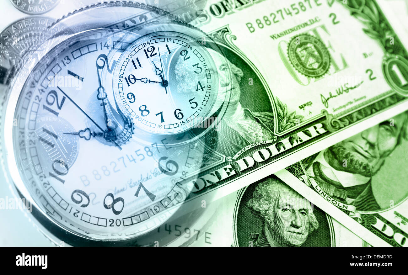 Banconote americane. Gli orologi. Il tempo è denaro concept Foto Stock