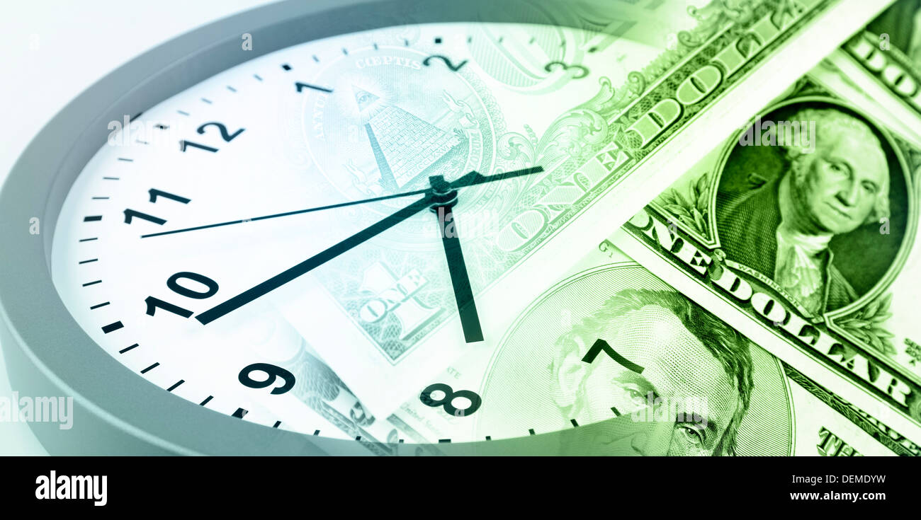 Banconote americane. Orologio. Il tempo è denaro concept Foto Stock