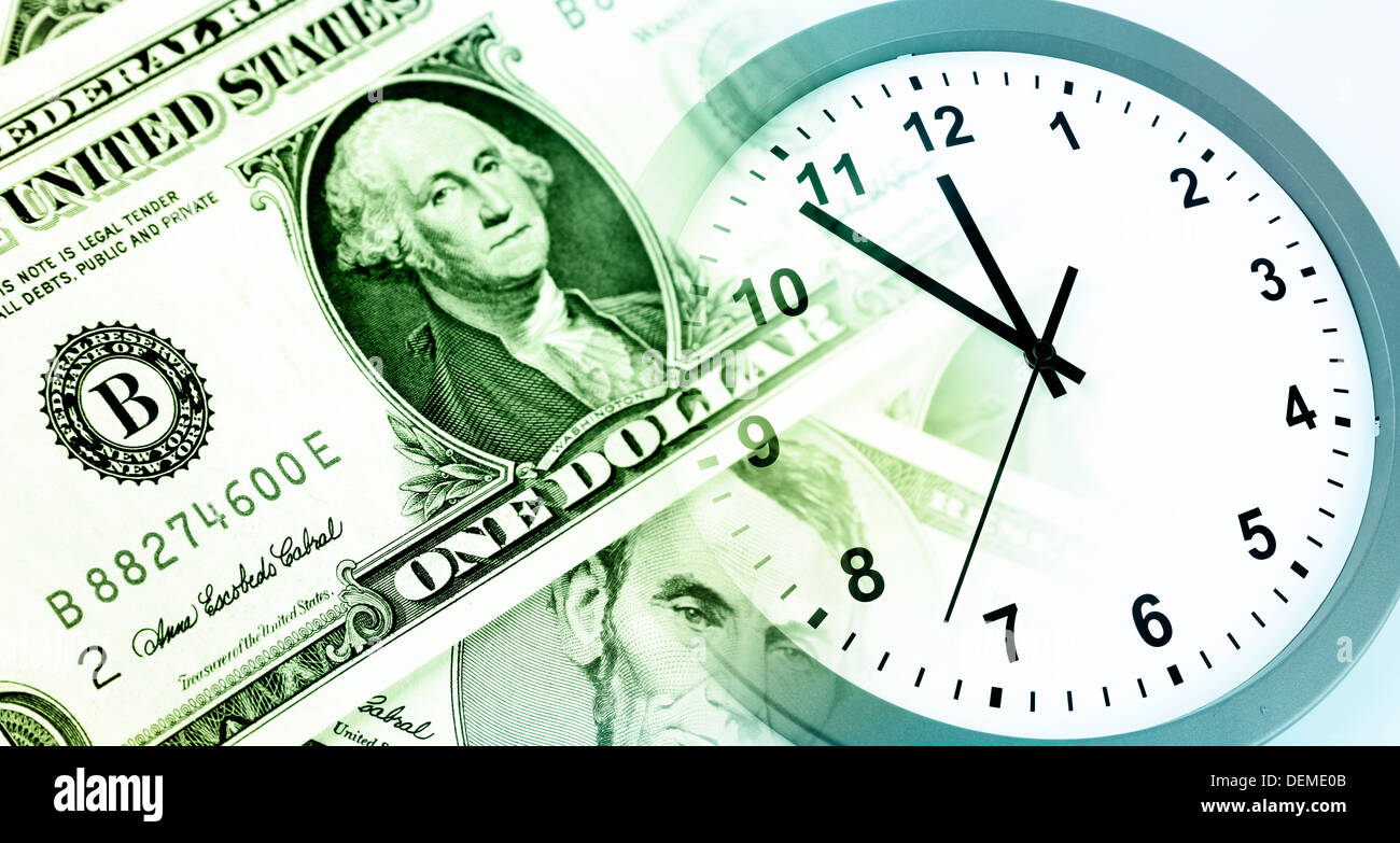 Banconote americane. Orologio. Il tempo è denaro concept Foto Stock