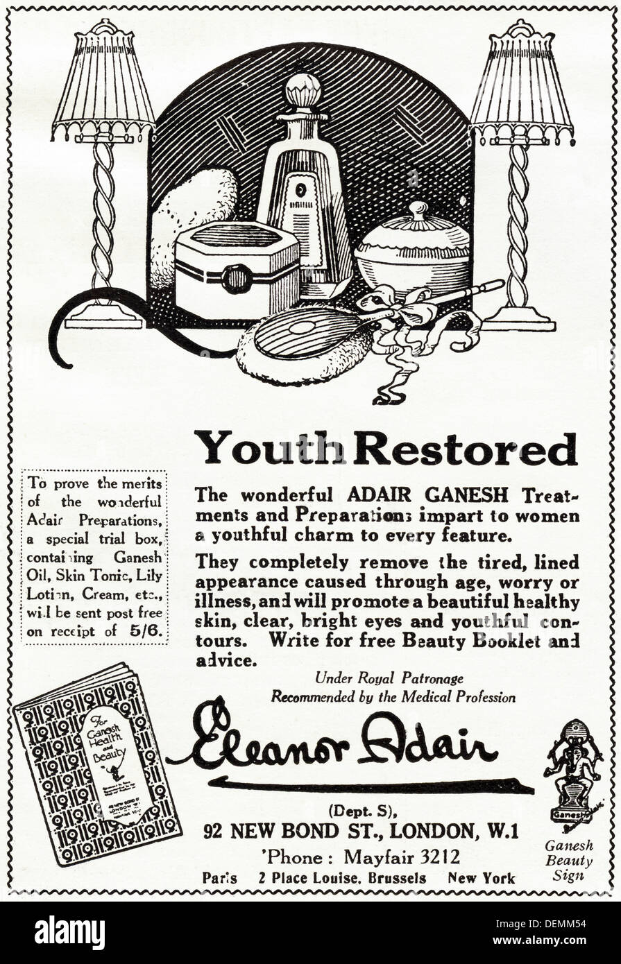 Originale di 1920s pubblicità pubblicità ADAIR GANESH cosmetici, rivista di consumatori annuncio circa 1924 Foto Stock