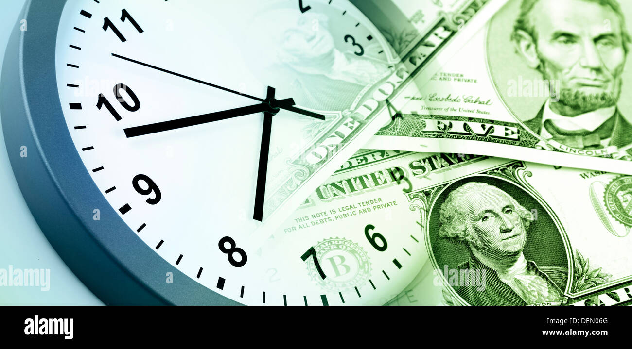 Banconote americane. Orologio. Il tempo è denaro concept Foto Stock