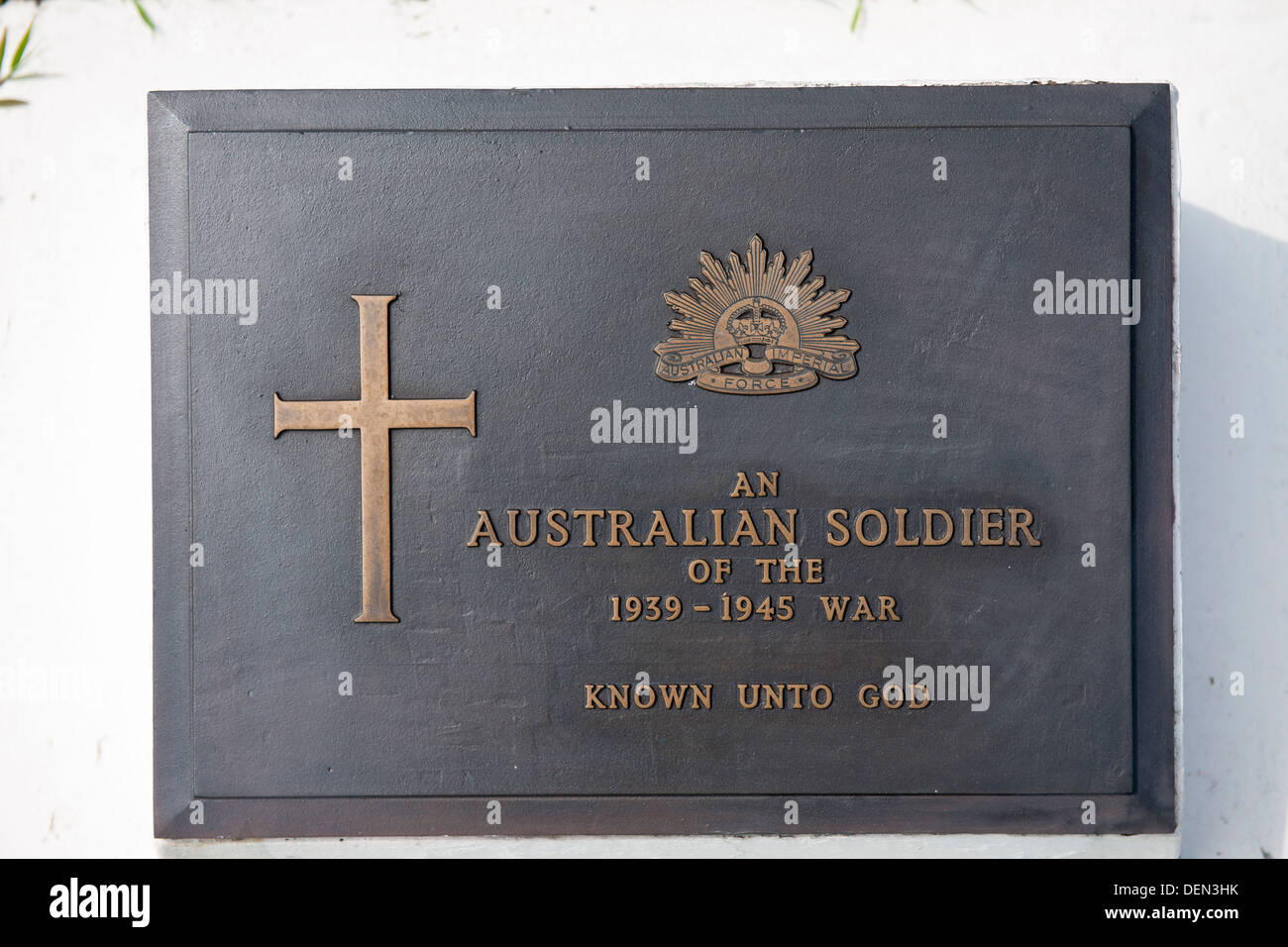 La placca per sconosciuto soldato Australiano, Borneo Foto Stock