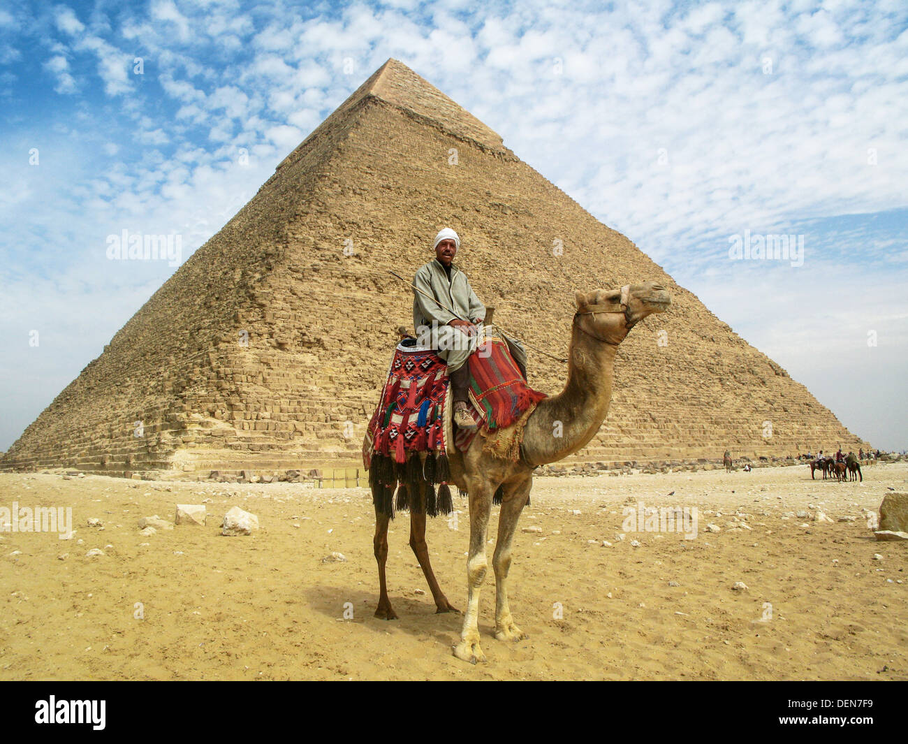 Un cammello uomo sul suo cammello pone di fronte la piramide di Khafre, la seconda più grande della stupefacente Piramidi di Giza. Foto Stock