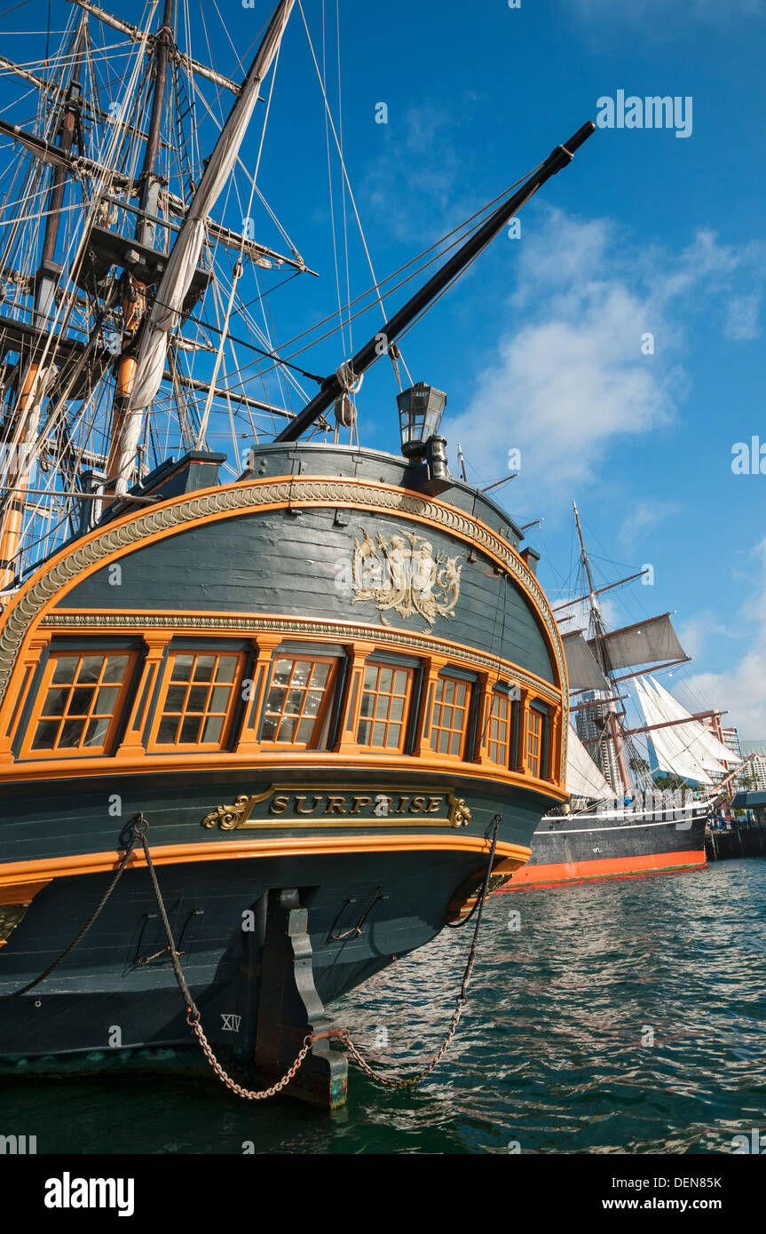 California di San Diego, il Museo Marittimo di San Diego, HMS sorpresa, replica di 18C Royal Navy frigate Foto Stock