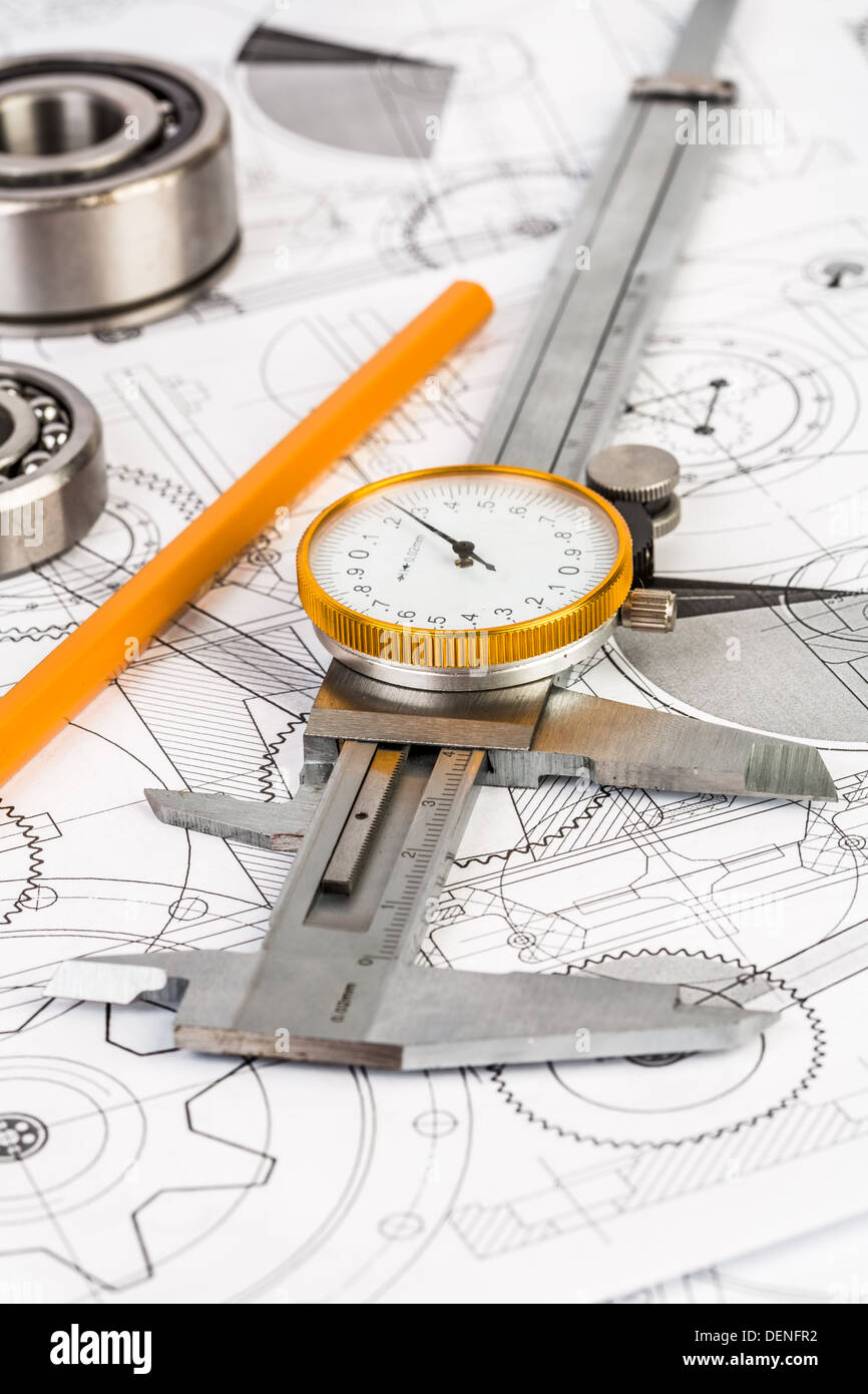 Metallo calibro vernier sul disegno tecnico Foto Stock
