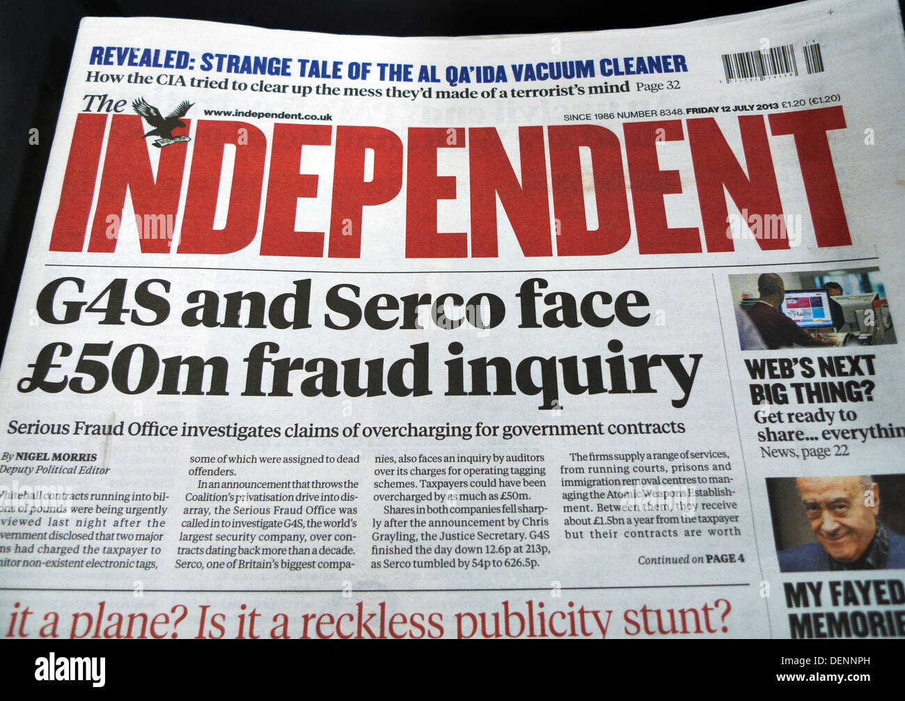 Giornale indipendente titolo 'G4S e Serco faccia £50m inchiesta antifrode' 20 settembre 2013 Londra UK Foto Stock