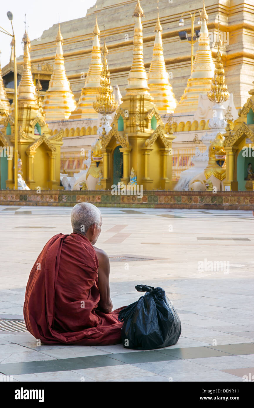 Monaco medita nel Shwe Dagon Pagoda Foto Stock