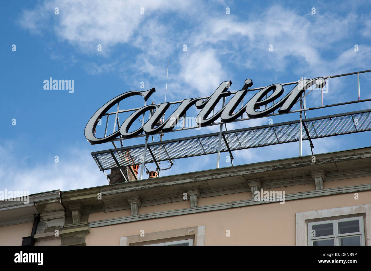 Cartier segno sulla parte superiore della società della costruzione a Ginevra, Swizerland Foto Stock