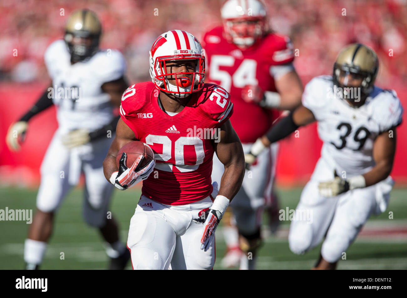 Madison, Wisconsin, Stati Uniti d'America. Xxi Sep, 2013. Settembre 21, 2013: Wisconsin Badgers running back James White #20 aveva 16 porta per 154 yards e un touchdown durante il NCAA Football gioco tra la Purdue Boilermakers e Wisconsin Badgers a Camp Randall Stadium di Madison, WI. Wisconsin sconfitto Purdue 41-10 nella grande dieci assolcatore per entrambe le squadre. John Fisher/CSM/Alamy Live News Foto Stock