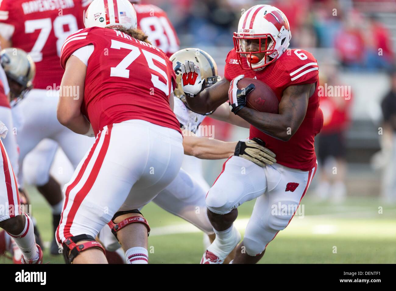 Madison, Wisconsin, Stati Uniti d'America. Xxi Sep, 2013. Settembre 21, 2013: Wisconsin Badgers running back Corey Clemente #6 precipita il calcio durante l'azione di gioco del NCAA partita di calcio tra la Purdue Boilermakers e Wisconsin Badgers a Camp Randall Stadium di Madison, WI. Wisconsin sconfitto Purdue 41-10 nella grande dieci assolcatore per entrambe le squadre. John Fisher/CSM/Alamy Live News Foto Stock