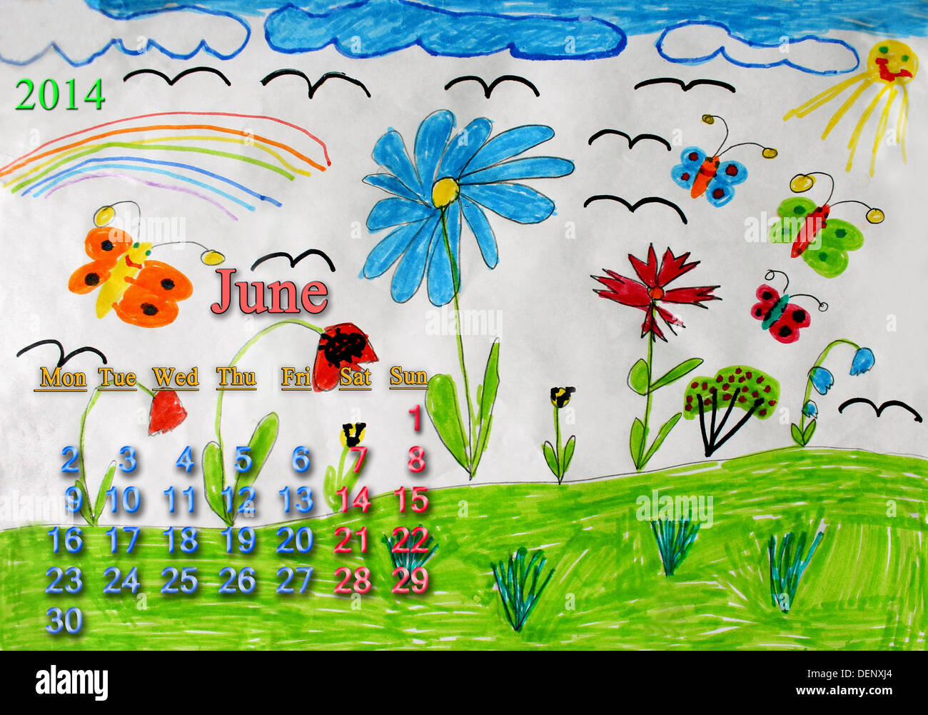 Multicolore di disegno per bambini con farfalle e fiori Foto Stock