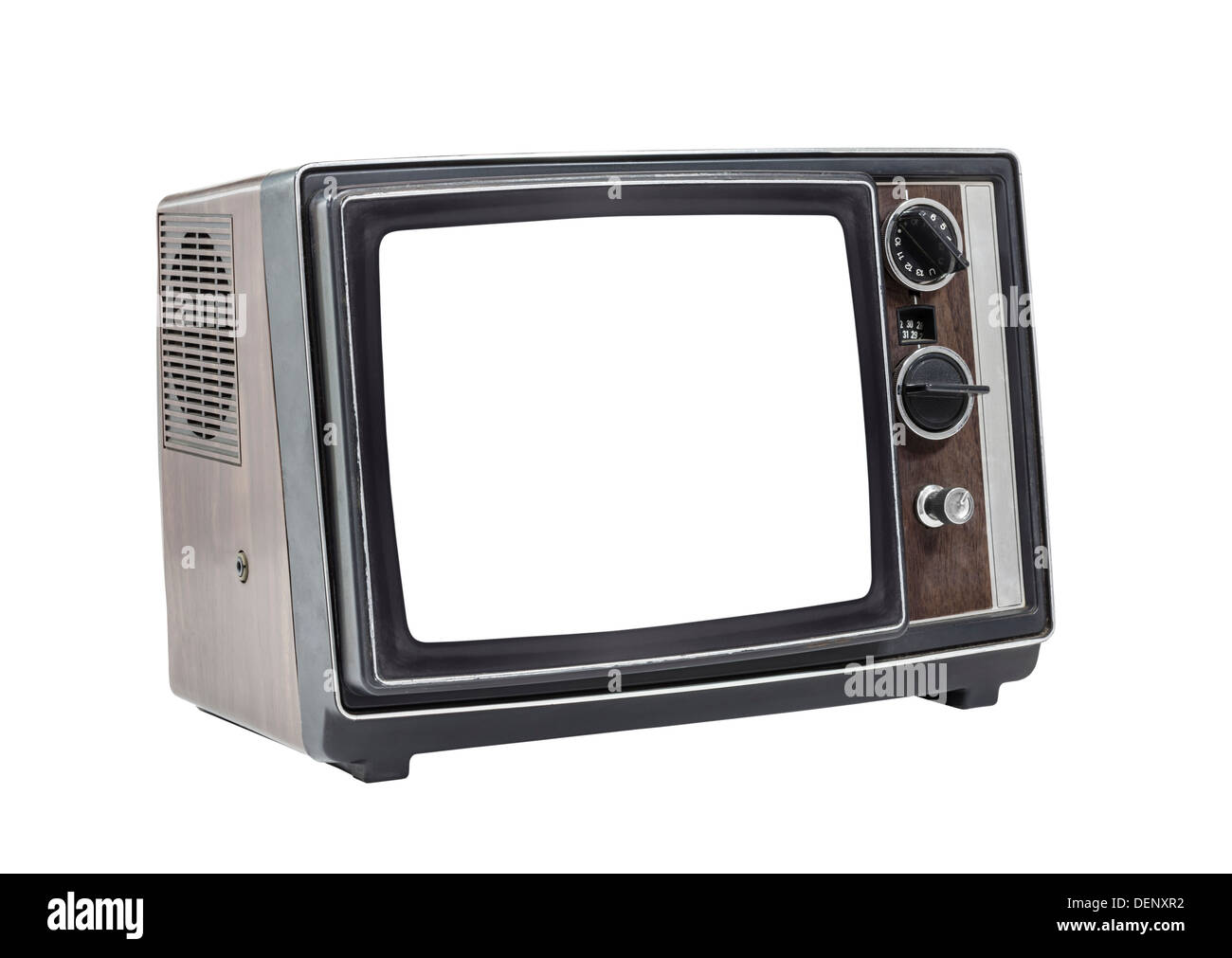 Piccolo vecchio televisore isolato con taglio fuori schermo e percorso di clipping. Foto Stock