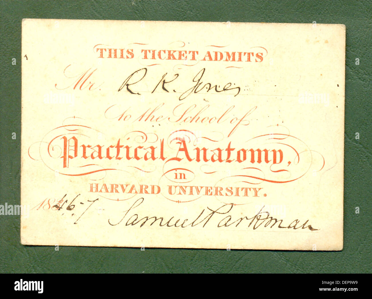 Biglietto d'ingresso alla scuola di anatomia pratica in Harvard University Foto Stock