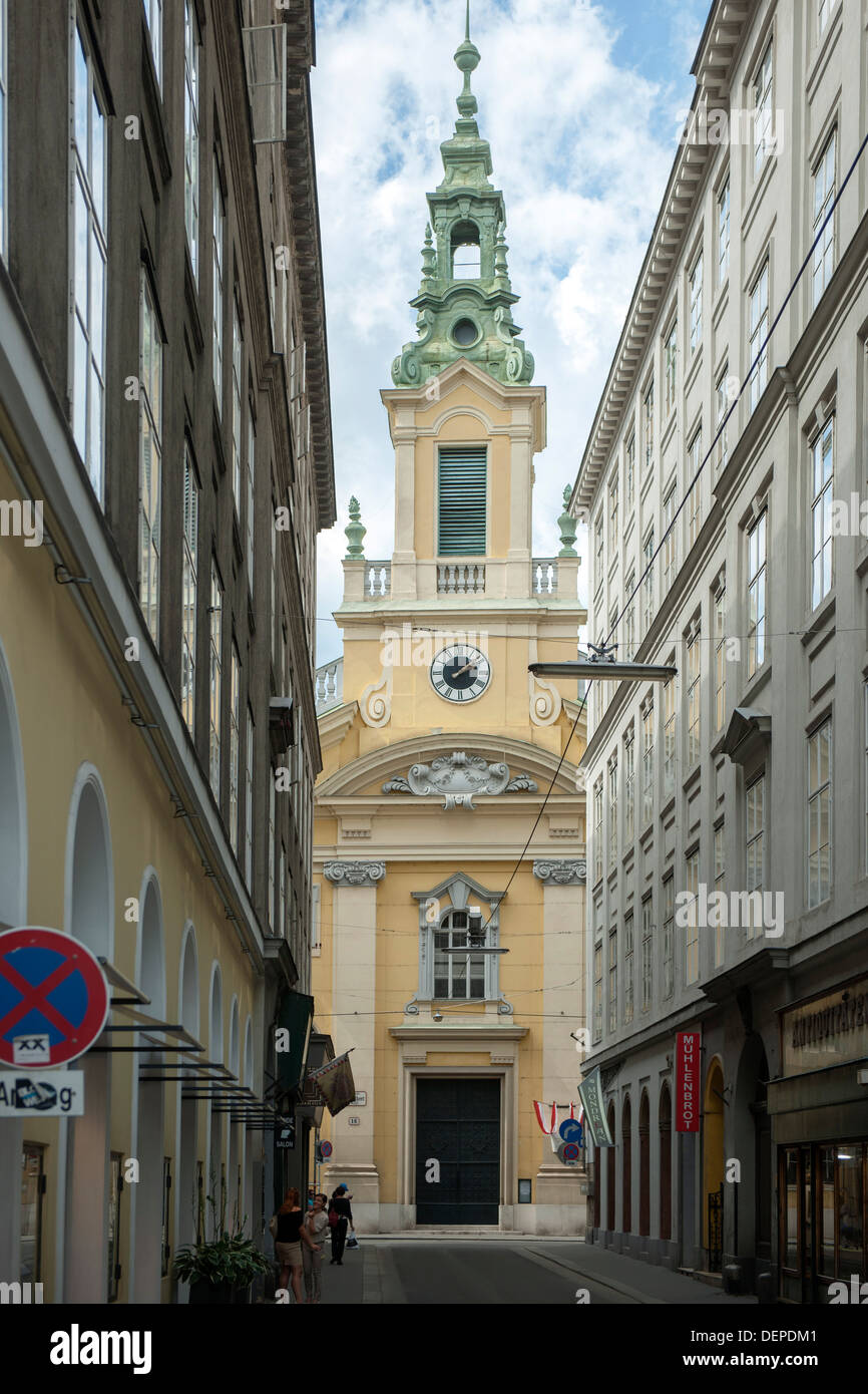 Österreich, Wien 1, Evangelische Kirche in der Dorothergasse, Blick durch die Plankengasse Foto Stock