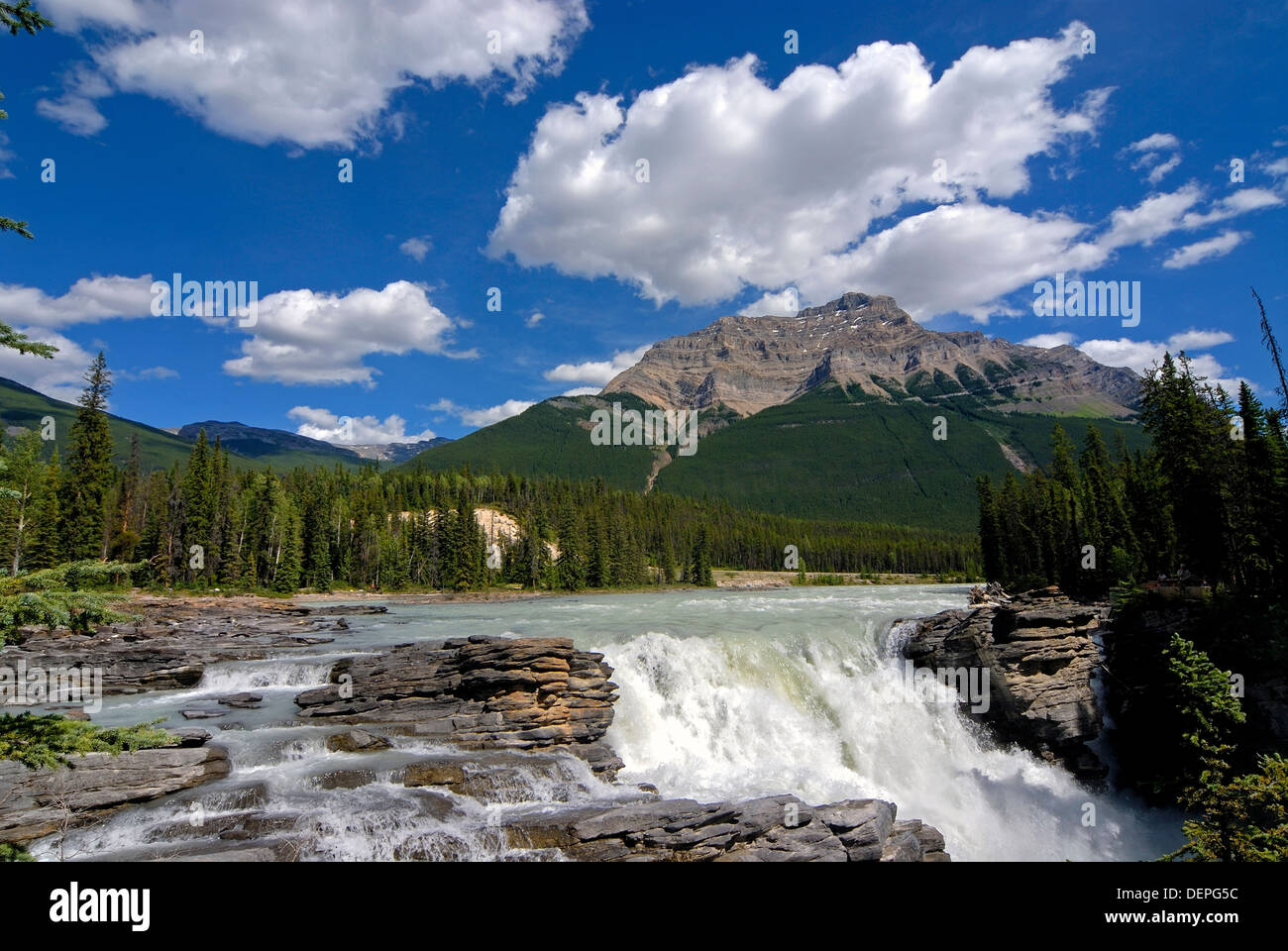 Cascate Athabasca, montagne rocciose, Alberta, Canada Foto Stock