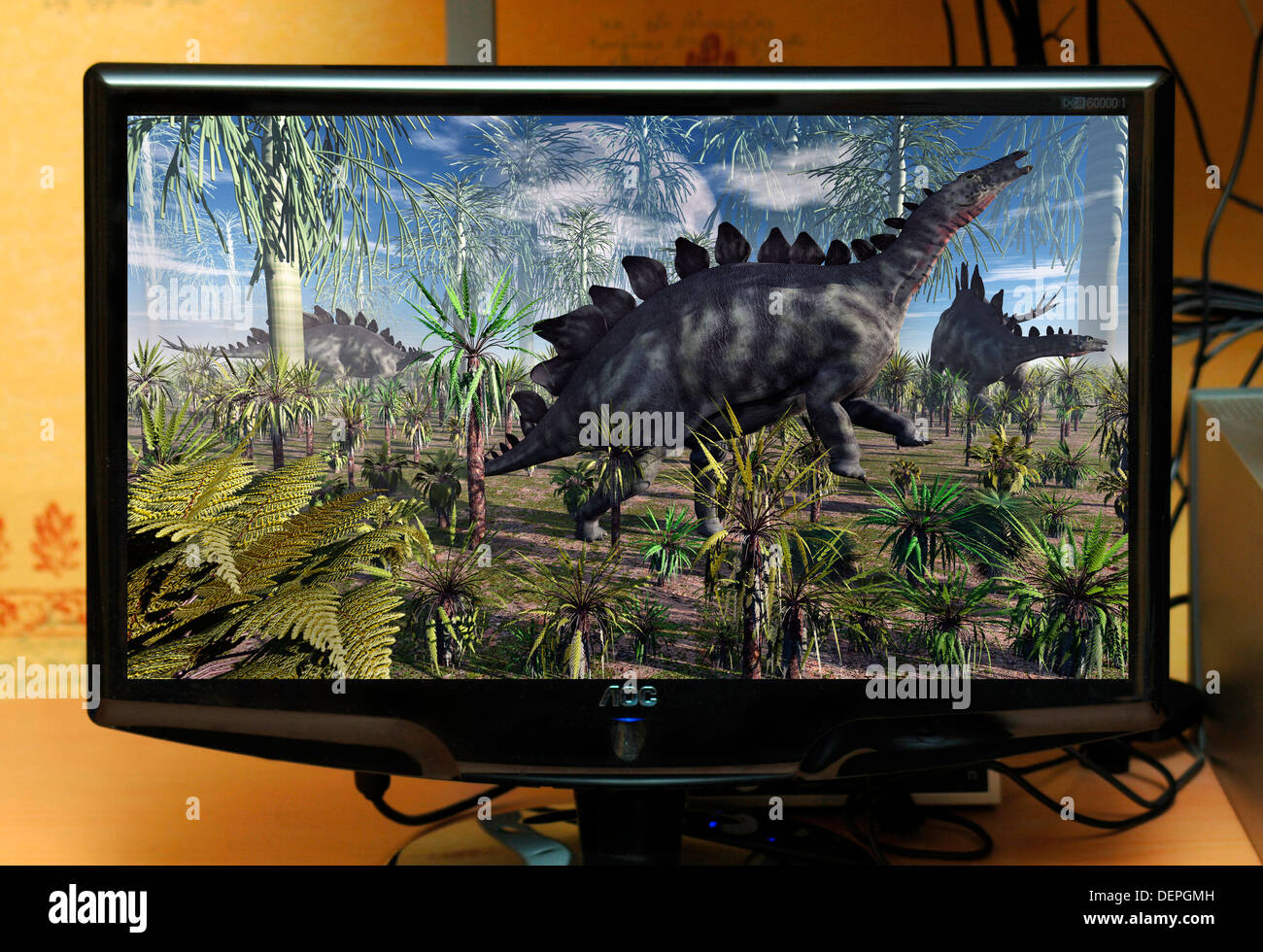 Stegosaurus dinosauri sul monitor di un computer sullo schermo. Foto Stock