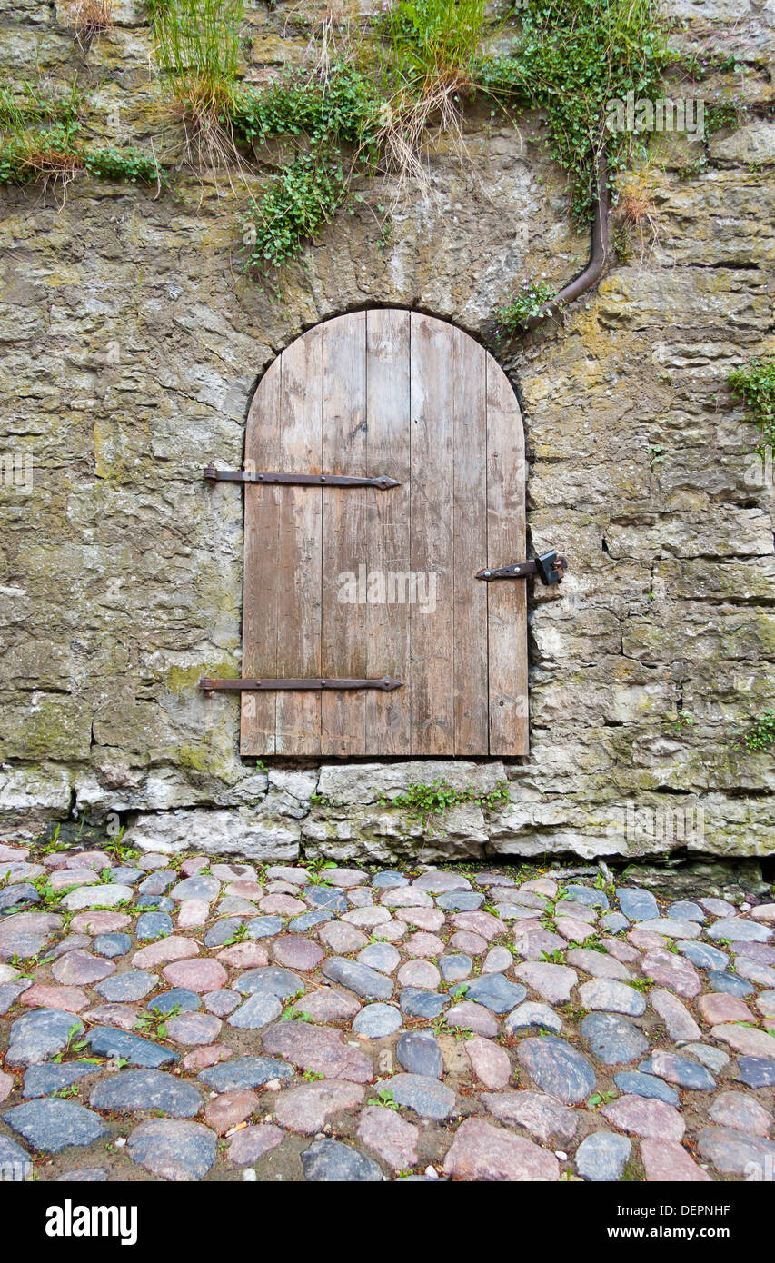 La vecchia porta nella parete di roccia calcarea Foto Stock