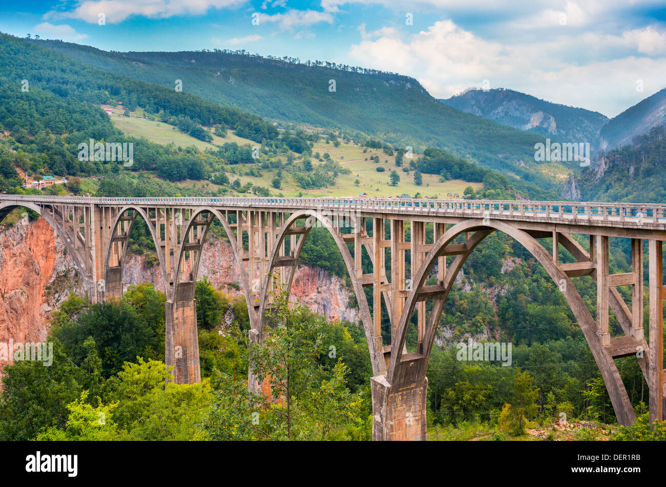 Durdevica Bridge e vista fiume Tara gorge - il più grande canyon in Europa nel Parco Nazionale Durmitor, Montenegro, Balcani Foto Stock