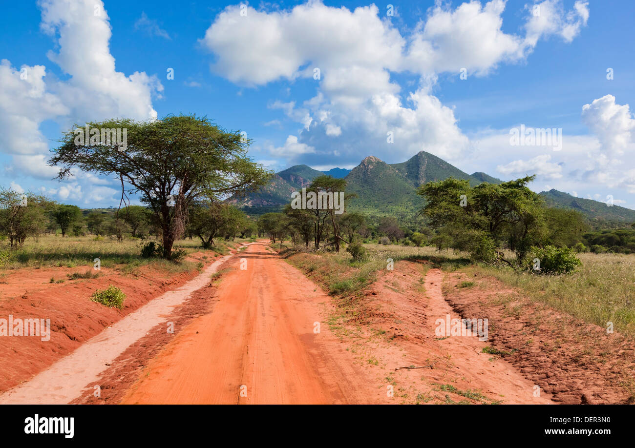 Africa, Dirt Road in safari nel Parco Nazionale dello Tsavo West, Kenya, paesaggio Foto Stock